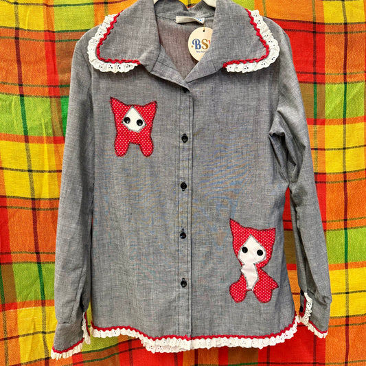 1970's Cat Appliqué Eyelet Trim Blouse | Yum Yum's