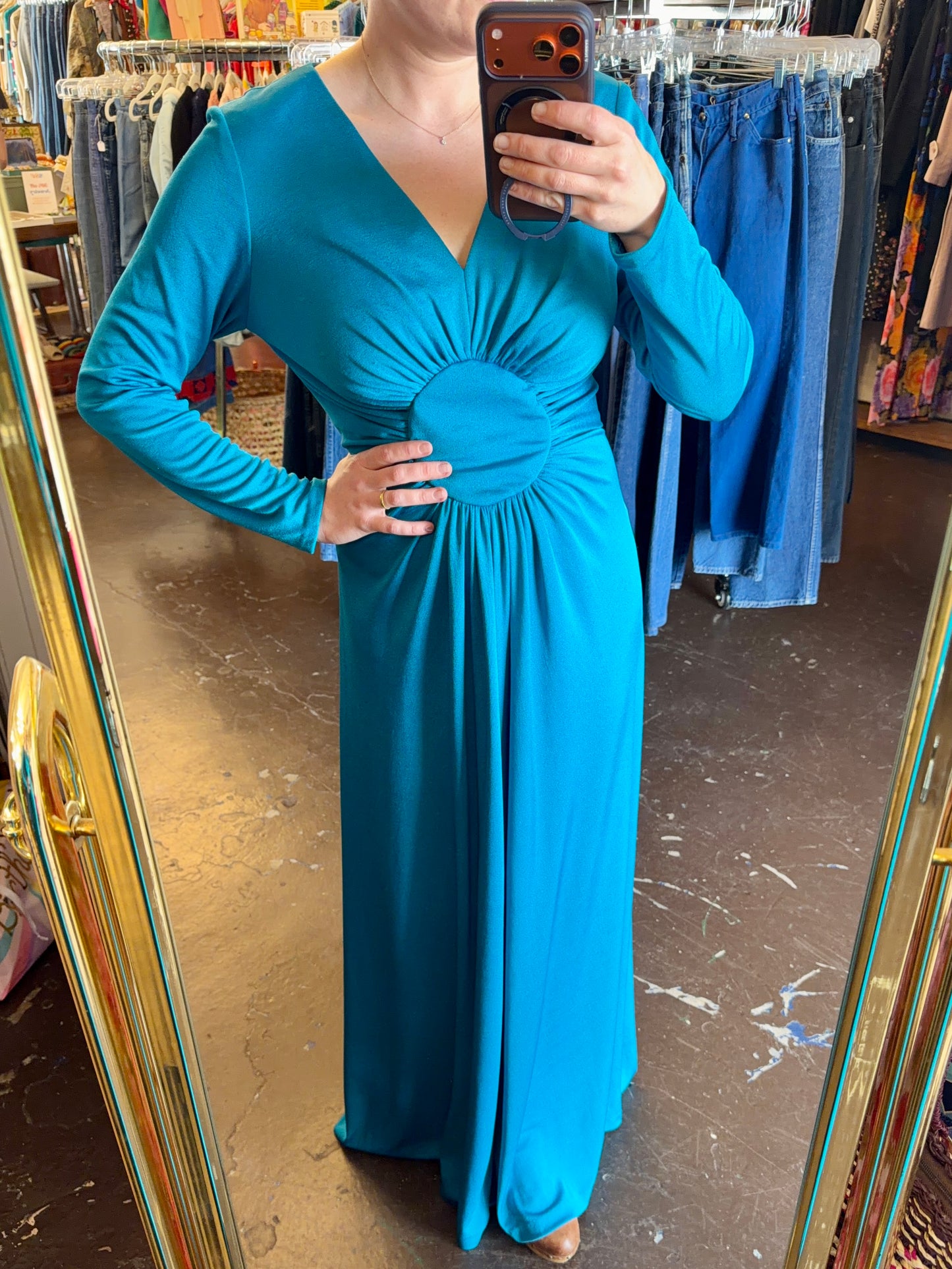 1970's Gathered Teal "O" Disco Dress