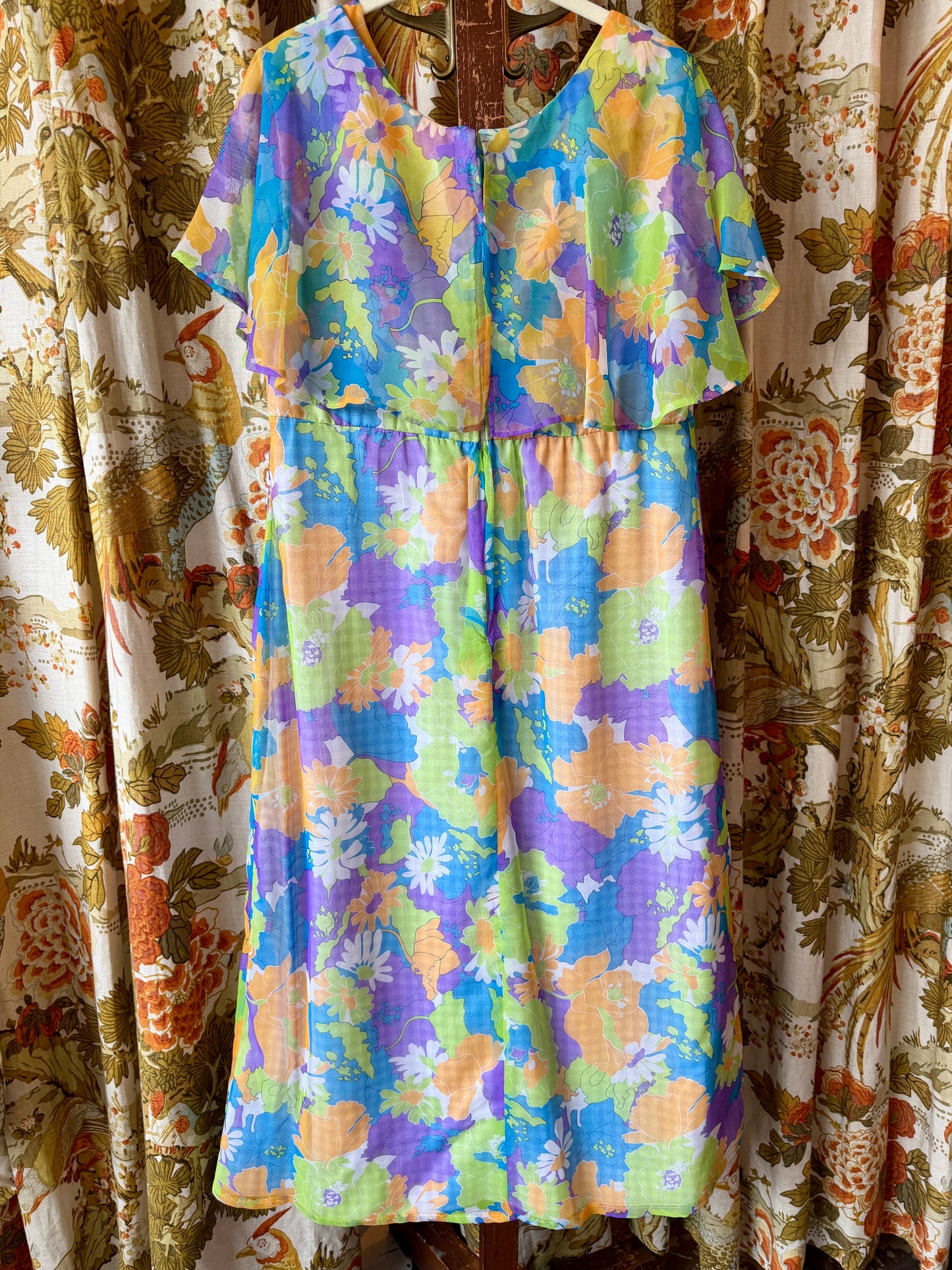 1970's Neon Floral Cape Top Chiffon Dress