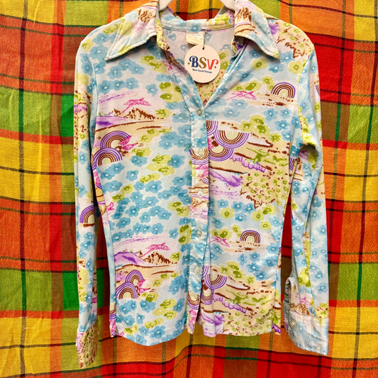 1970's Rainbow Floral Dagger Collar Blouse