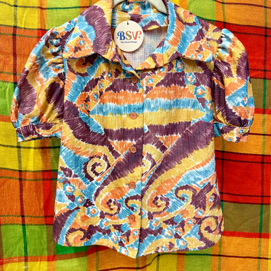 1970's Puff Sleeve Pencil Sketch Blouse