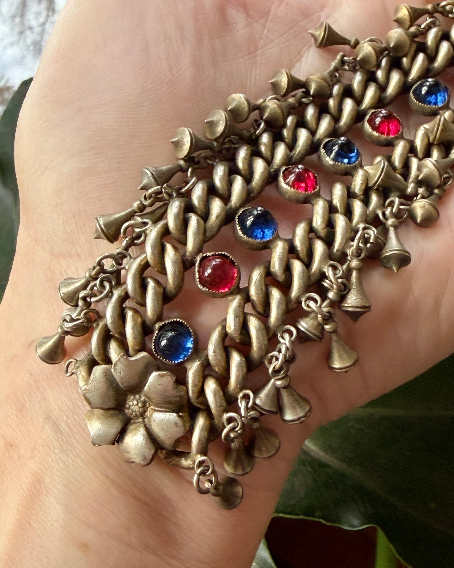Vintage Red & Blue Glass Cabochon Silver Bracelet