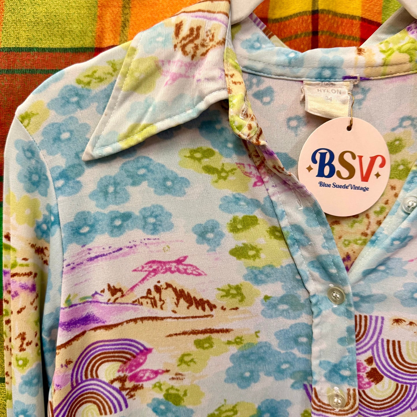 1970's Rainbow Floral Dagger Collar Blouse