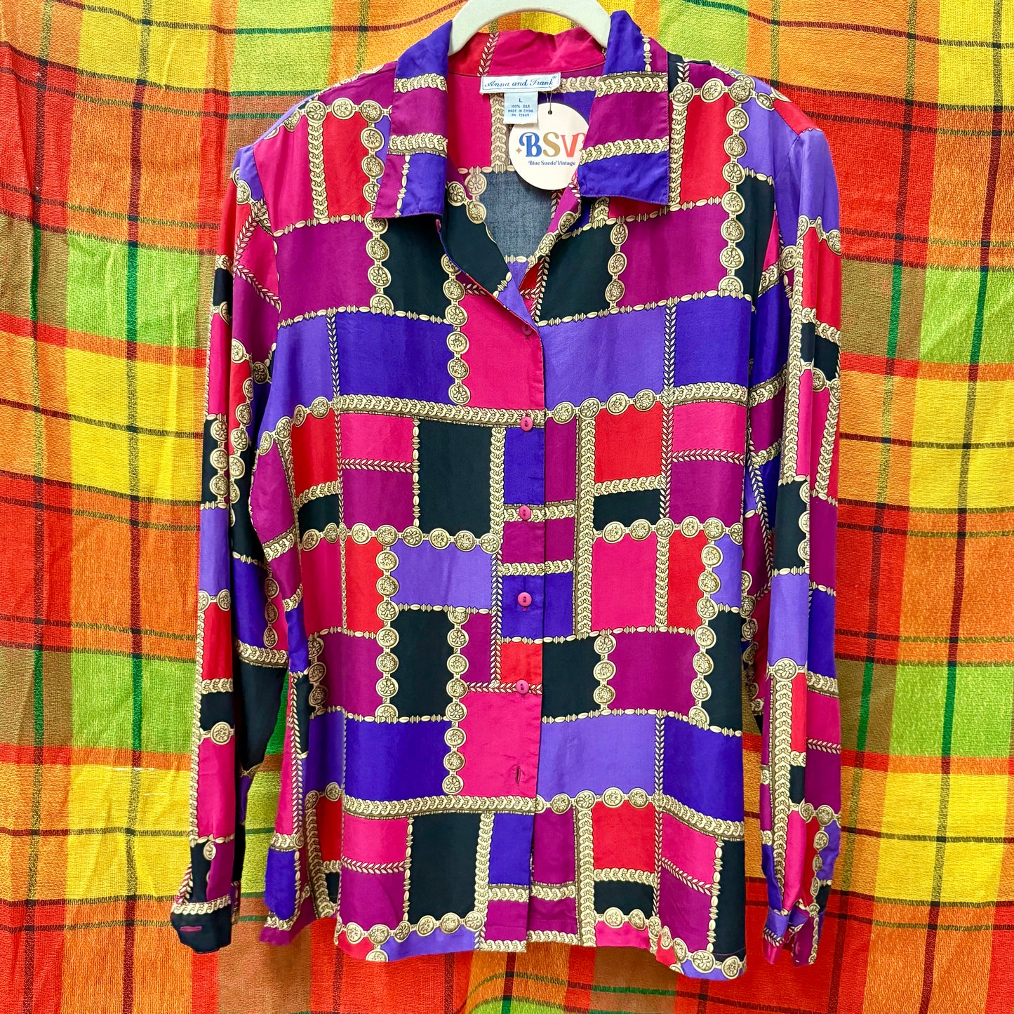 1990's Gold Chain Bordered Checkerboard Blouse | Anna and Frank