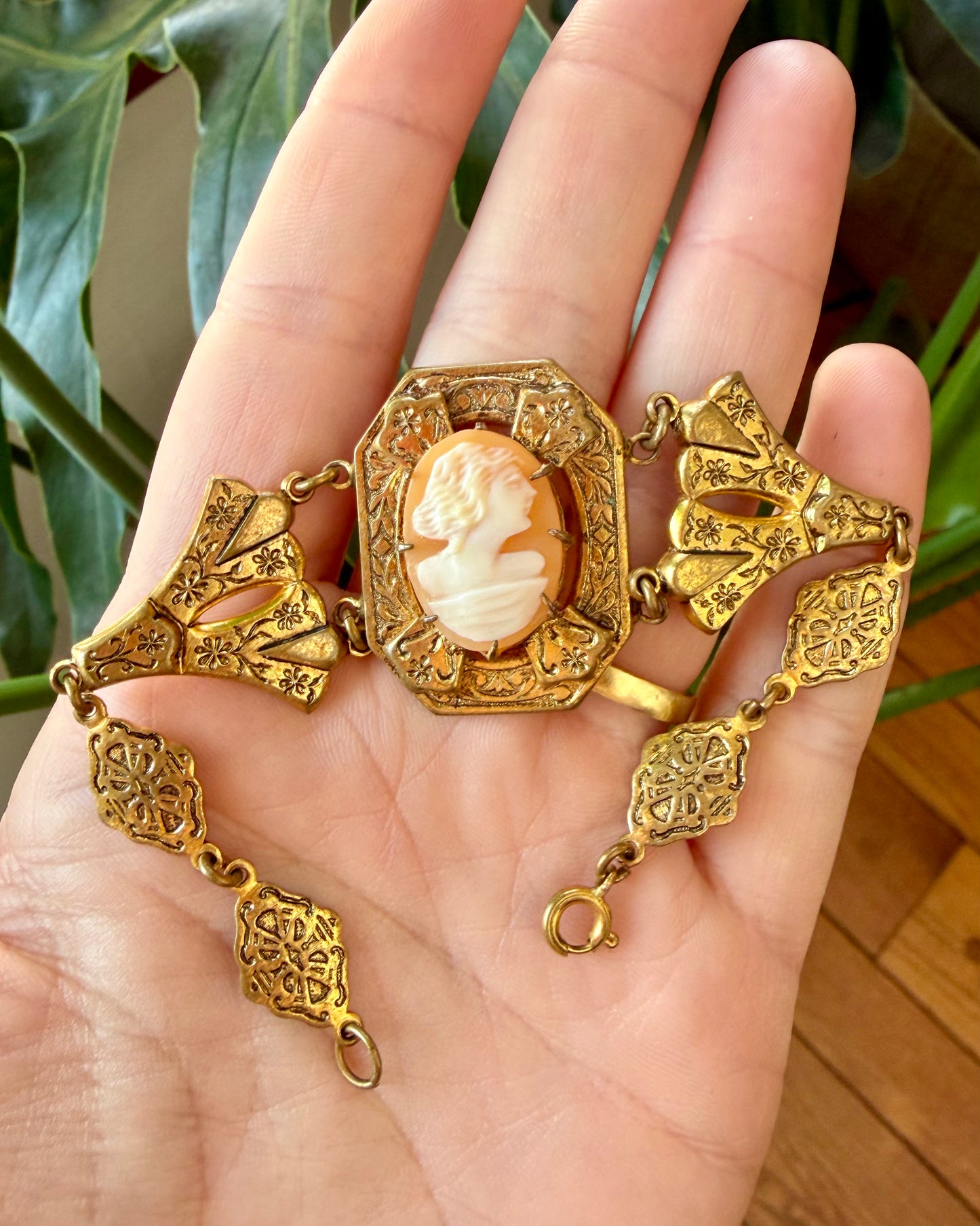 Victorian Revival Carved Shell Cameo Filled Filigree Bracelet