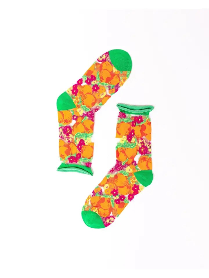 Orange Floral Sheer Crew Sock | Sock Candy