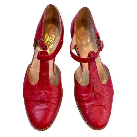 1980's Red T Strap Flats | Salvatore Ferragamo | Size 5.5