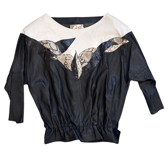 1980's B&W Patchwork Leather Blouse | Don Michele by Jordan