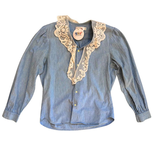 1990's Lace Trimmed Chambray Blouse | Norman Shirtmakers
