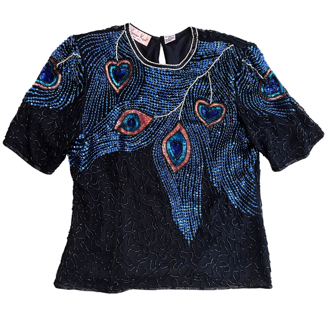 1990's Silk Beaded Peacock Blouse | Laurence Kazar