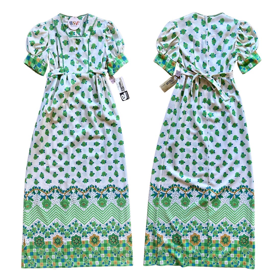 1970's Puff Sleeve Green Floral Prairie Dress | Falcon