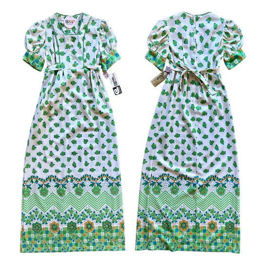 1970's Puff Sleeve Green Floral Prairie Dress | Falcon