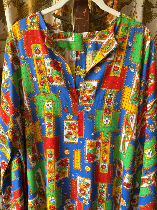 1970's "Patchwork" Floral & Paisley Bell Sleeve Caftan