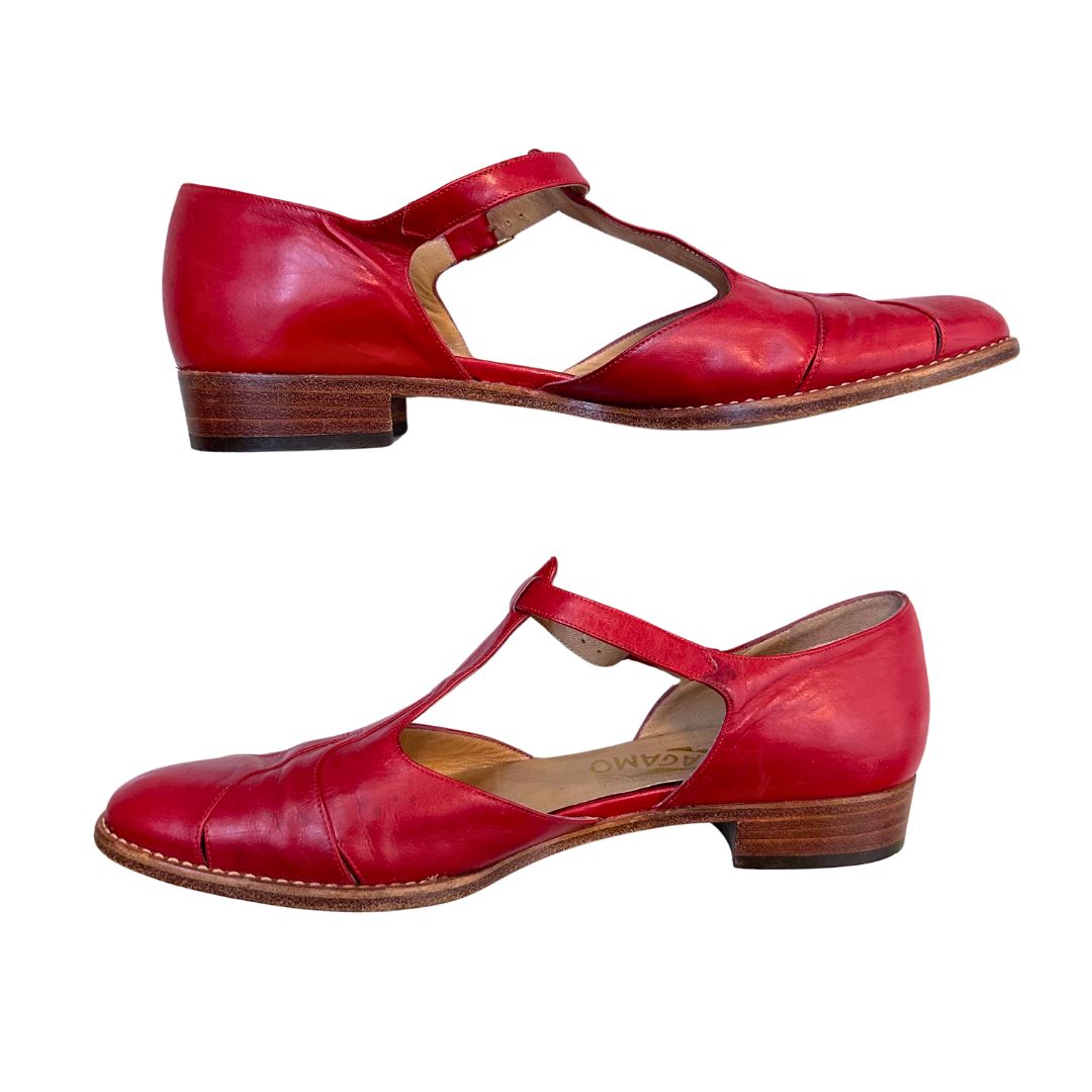 1980's Red T Strap Flats | Salvatore Ferragamo | Size 5.5