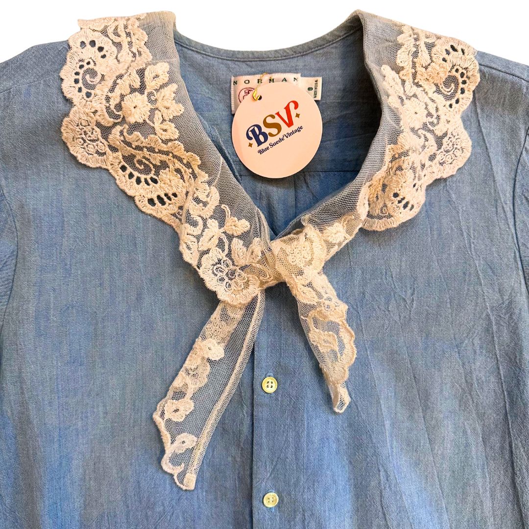 1990's Lace Trimmed Chambray Blouse | Norman Shirtmakers