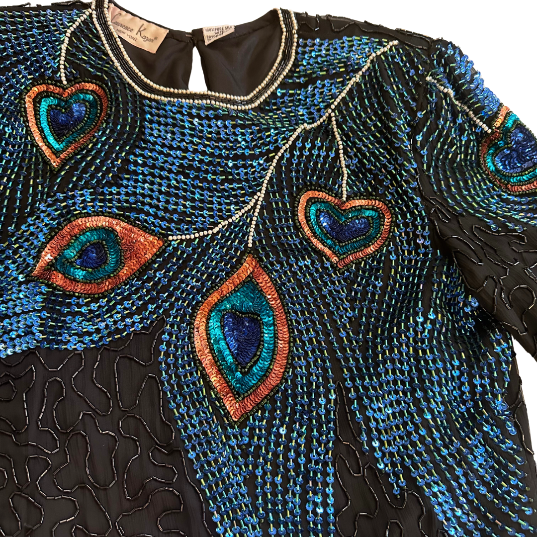 1990's Silk Beaded Peacock Blouse | Laurence Kazar