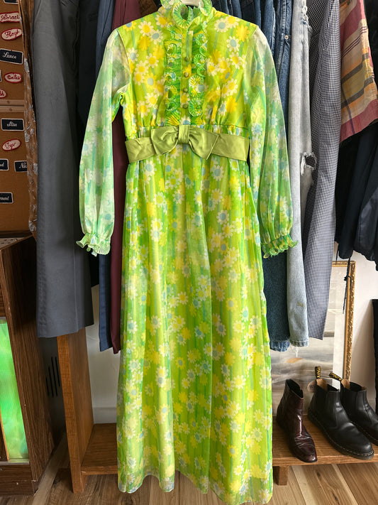 1960's Green Flower Power Ruffle Dress | Montgomery Ward