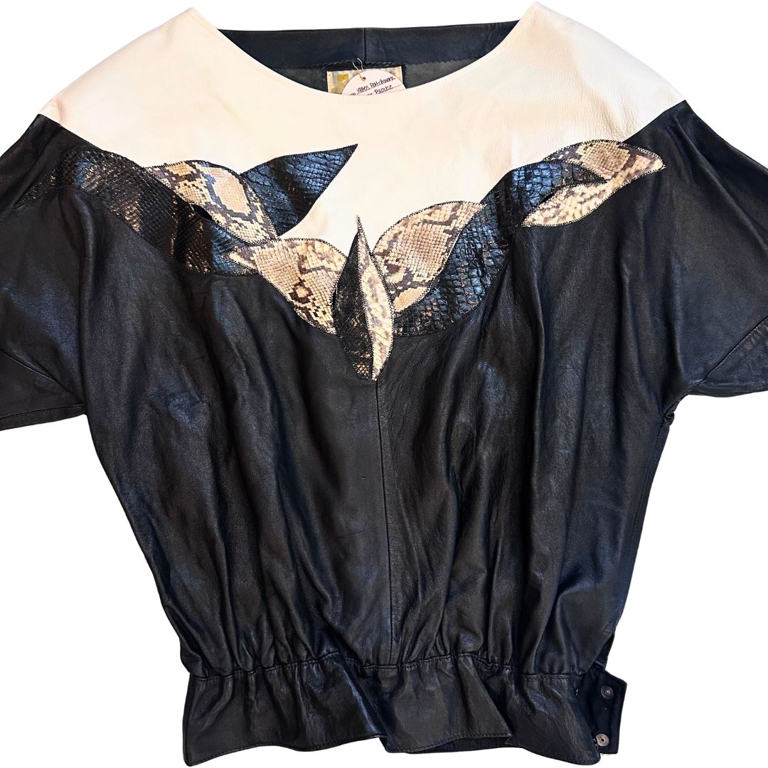 1980's B&W Patchwork Leather Blouse | Don Michele by Jordan