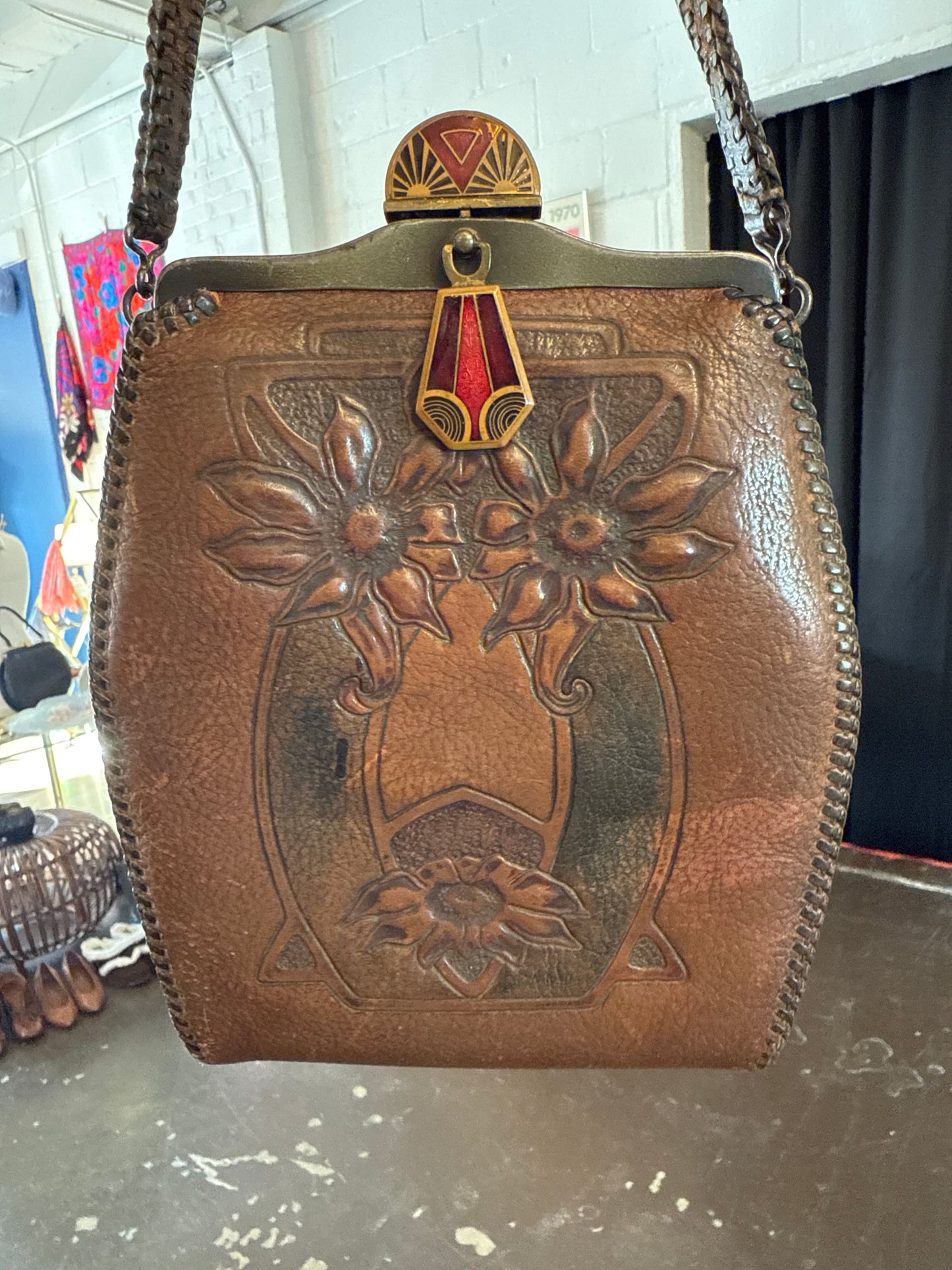 1918 Art Nouveau Tooled Leather Bag