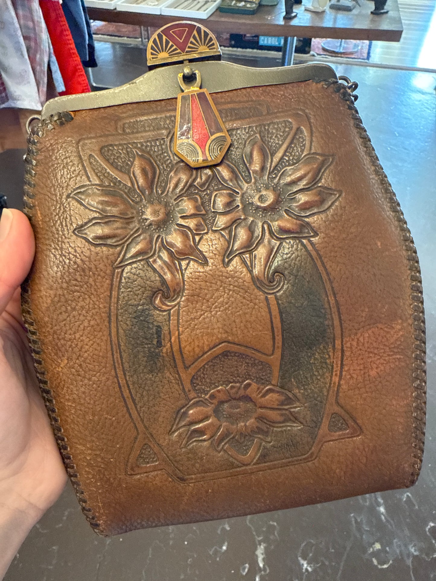 1918 Art Nouveau Tooled Leather Bag