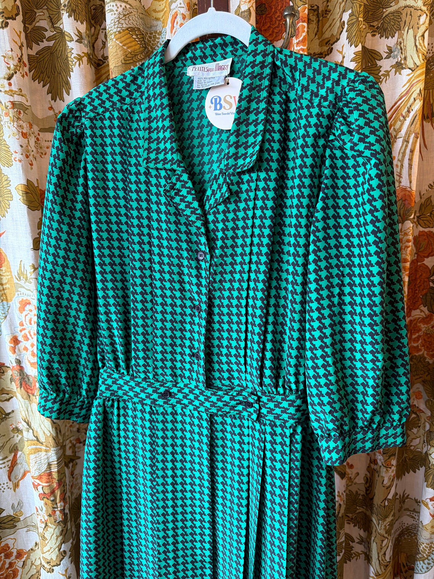1980's Green Houndstooth Dress | Petites for Maggy
