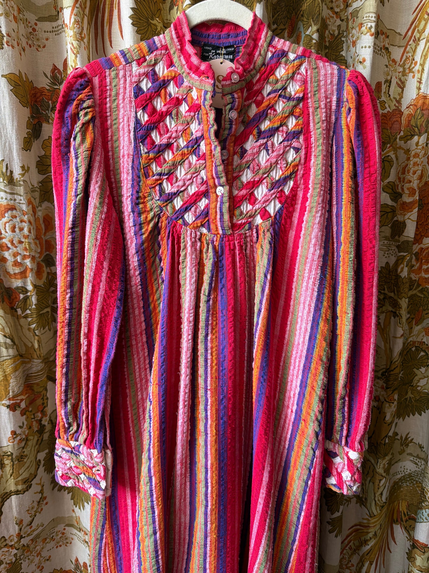 ~1970's Lattice Top Puckered Cotton Caftan | Karavan