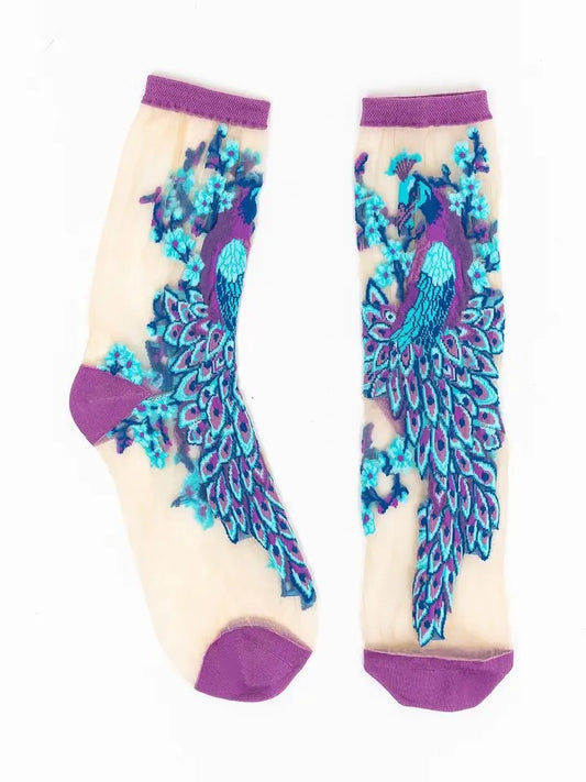 Aquamarine Peacock Sheer Crew Sock | Sock Candy