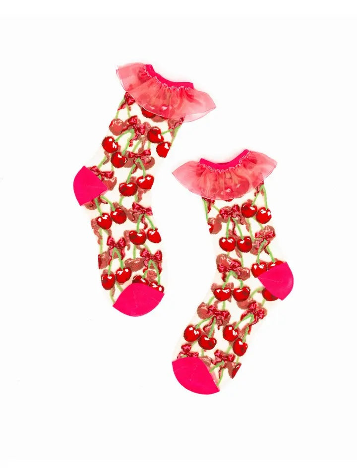 Cherry Bow Ruffle Sheer Crew Sock | Sock Candy