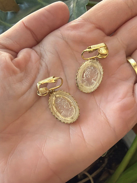 Vintage Glass Intaglio Victorian-Style Clip On Earrings