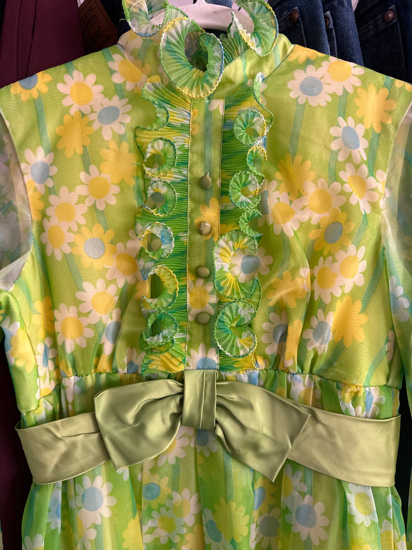 1960's Green Flower Power Ruffle Dress | Montgomery Ward