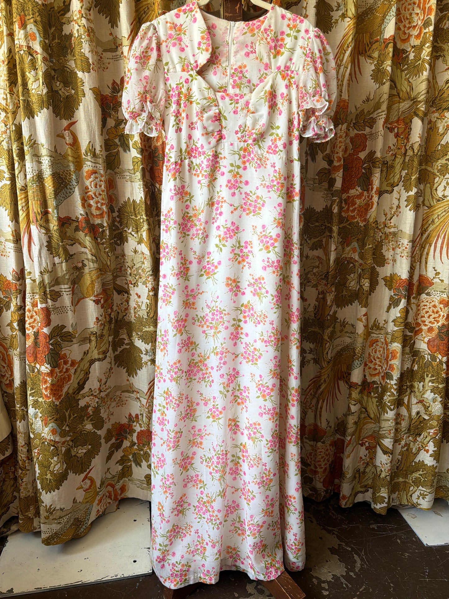 1970's Hot Pink Floral Prairie Maxi Dress