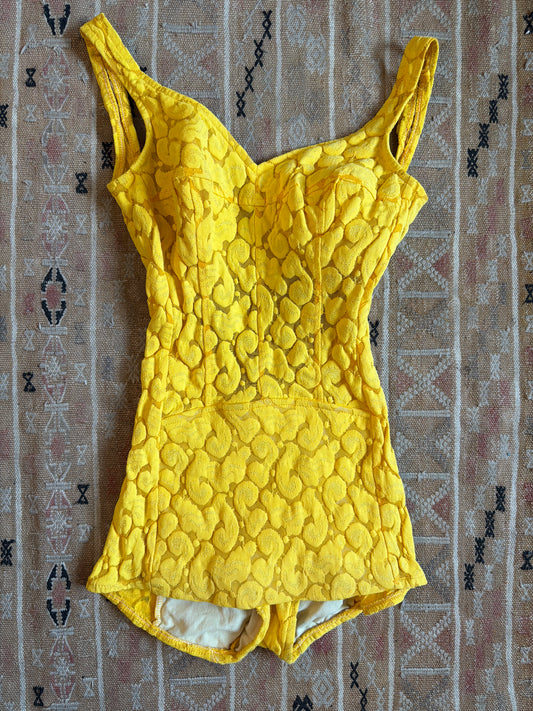 1960's Sheer Bodice Yellow Floral Swimsuit | Jantzen