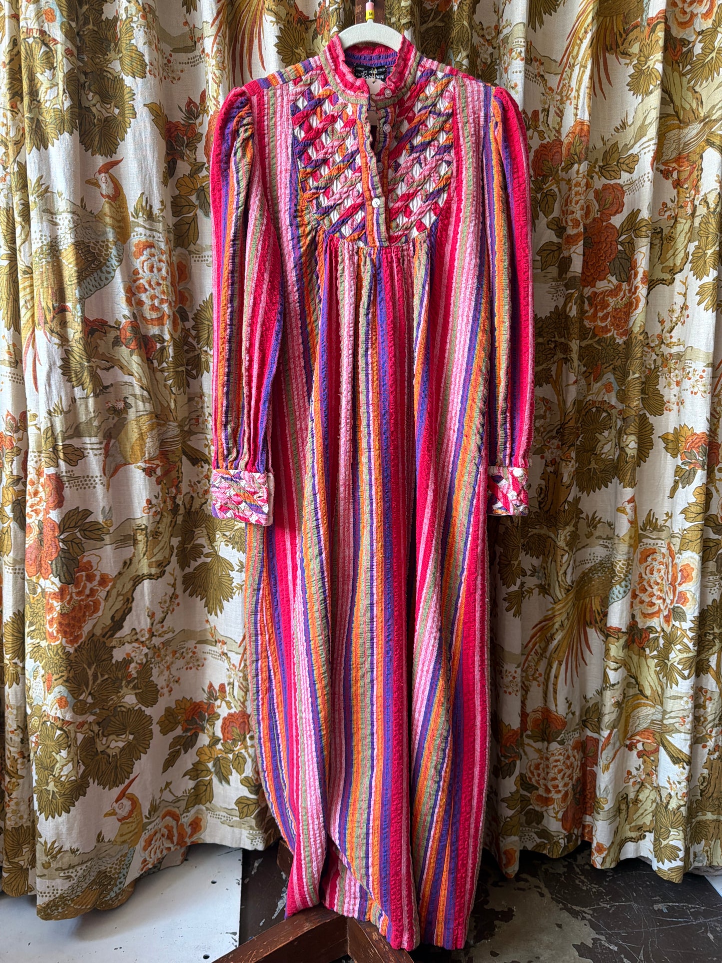~1970's Lattice Top Puckered Cotton Caftan | Karavan