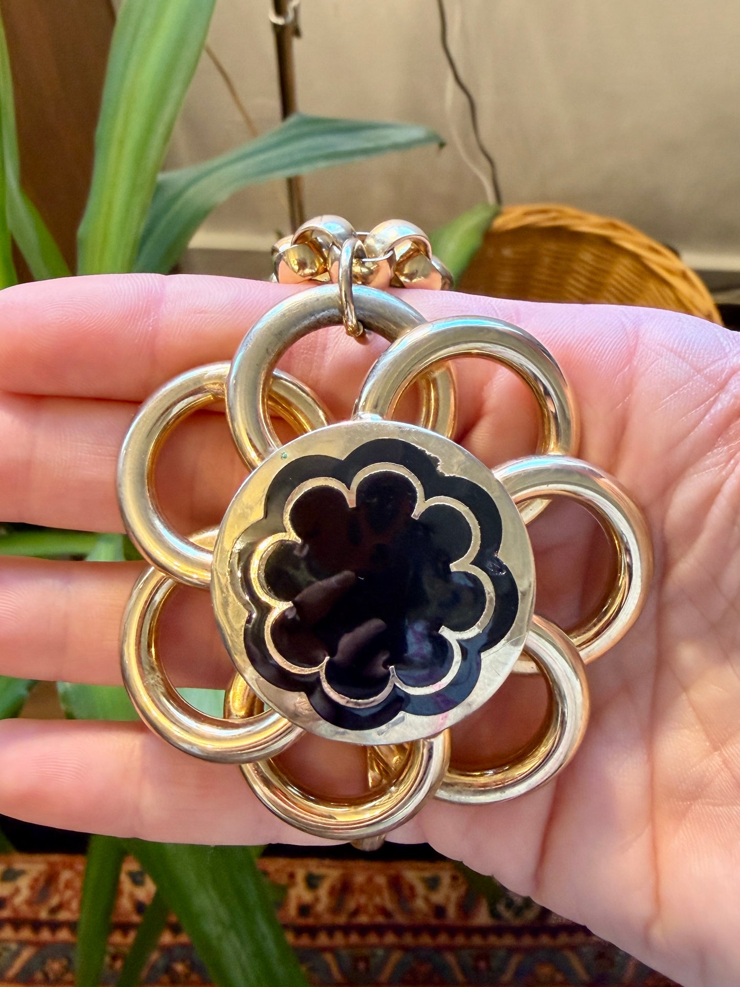 Chunky Gold Tone & Black Enamel Flower Necklace