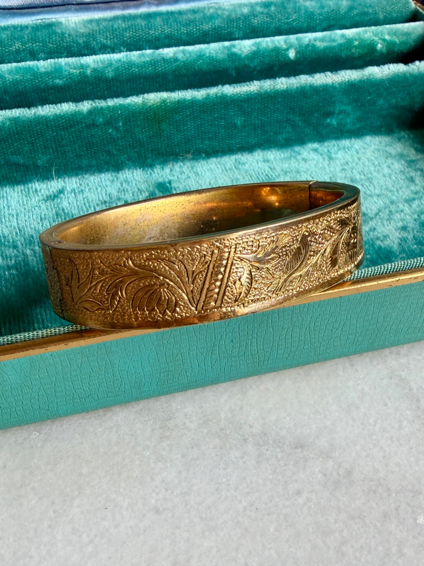 Antique Gold-Filled Bird Etched Bangle