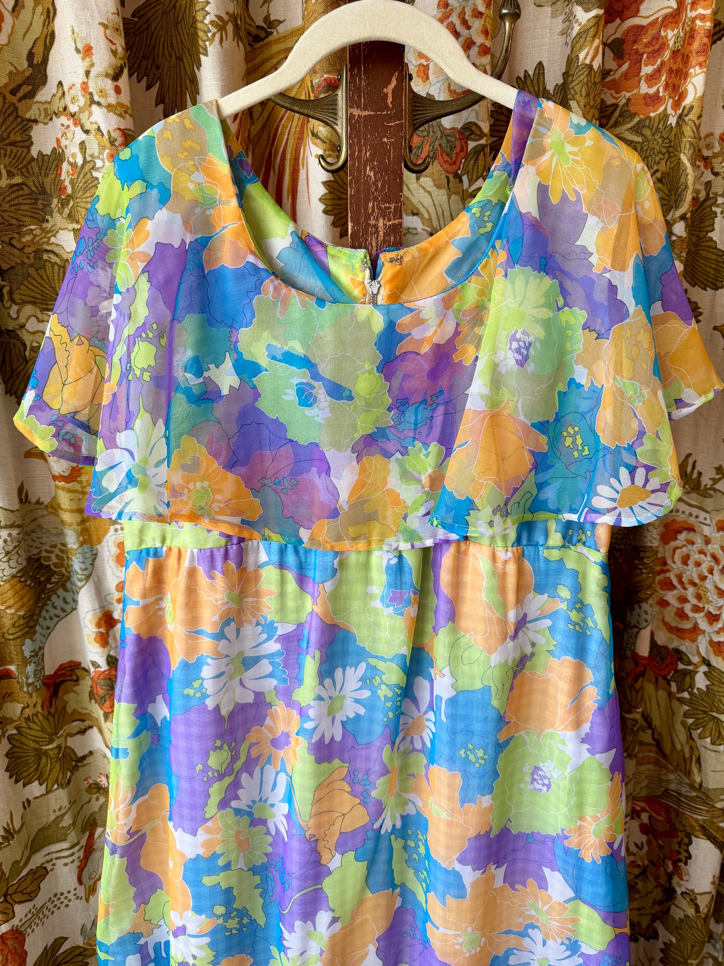 1970's Neon Floral Cape Top Chiffon Dress