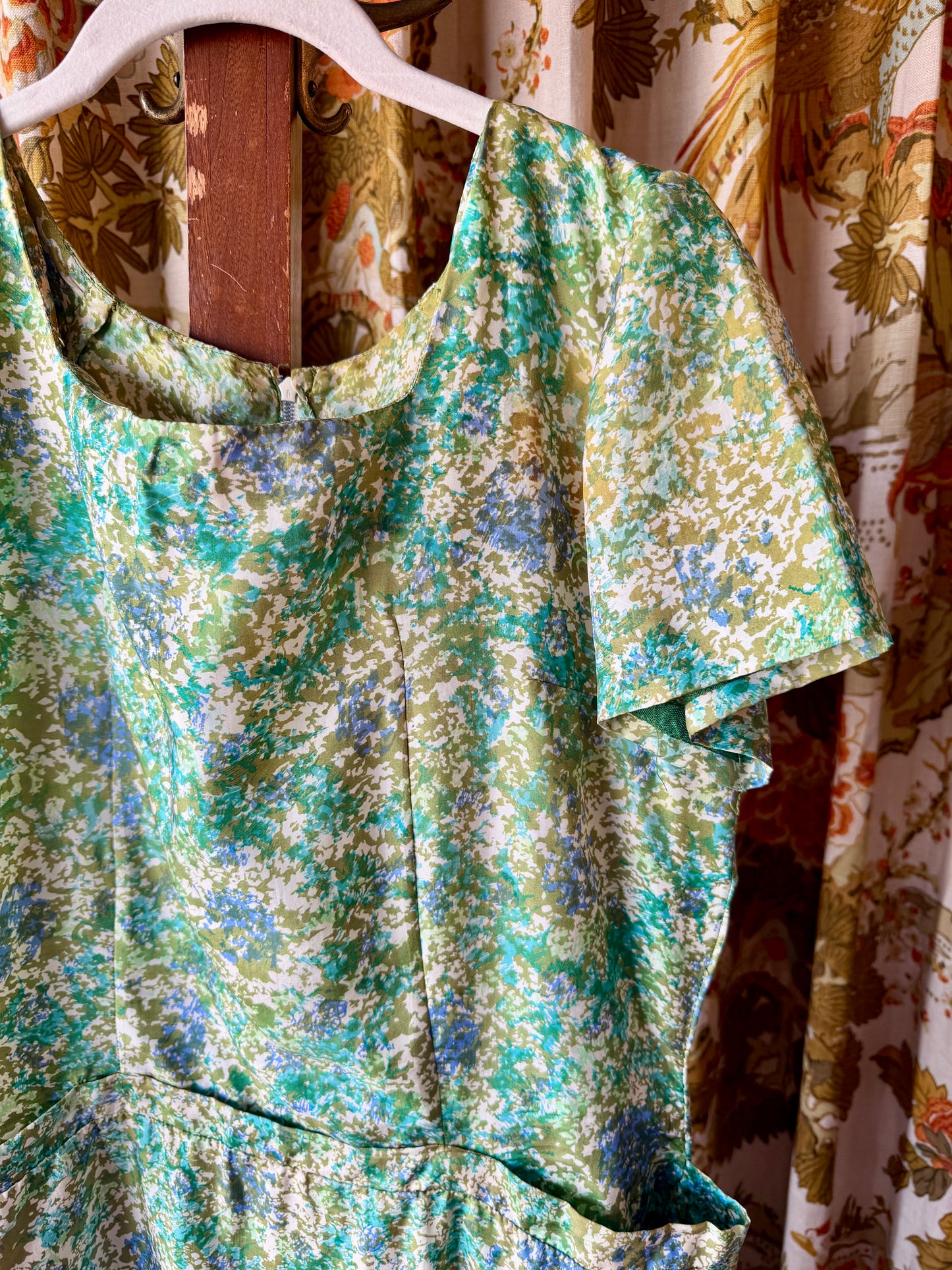 1950's Silk/Viscose Green & Blue Sponge Print Dress AS IS