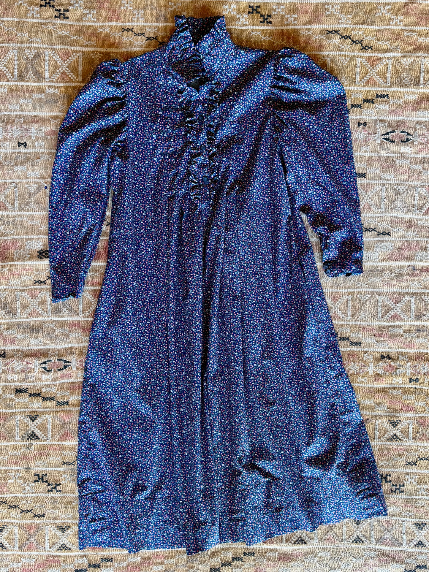 1970's does Victorian Strawberry Ruffle Neck Dress