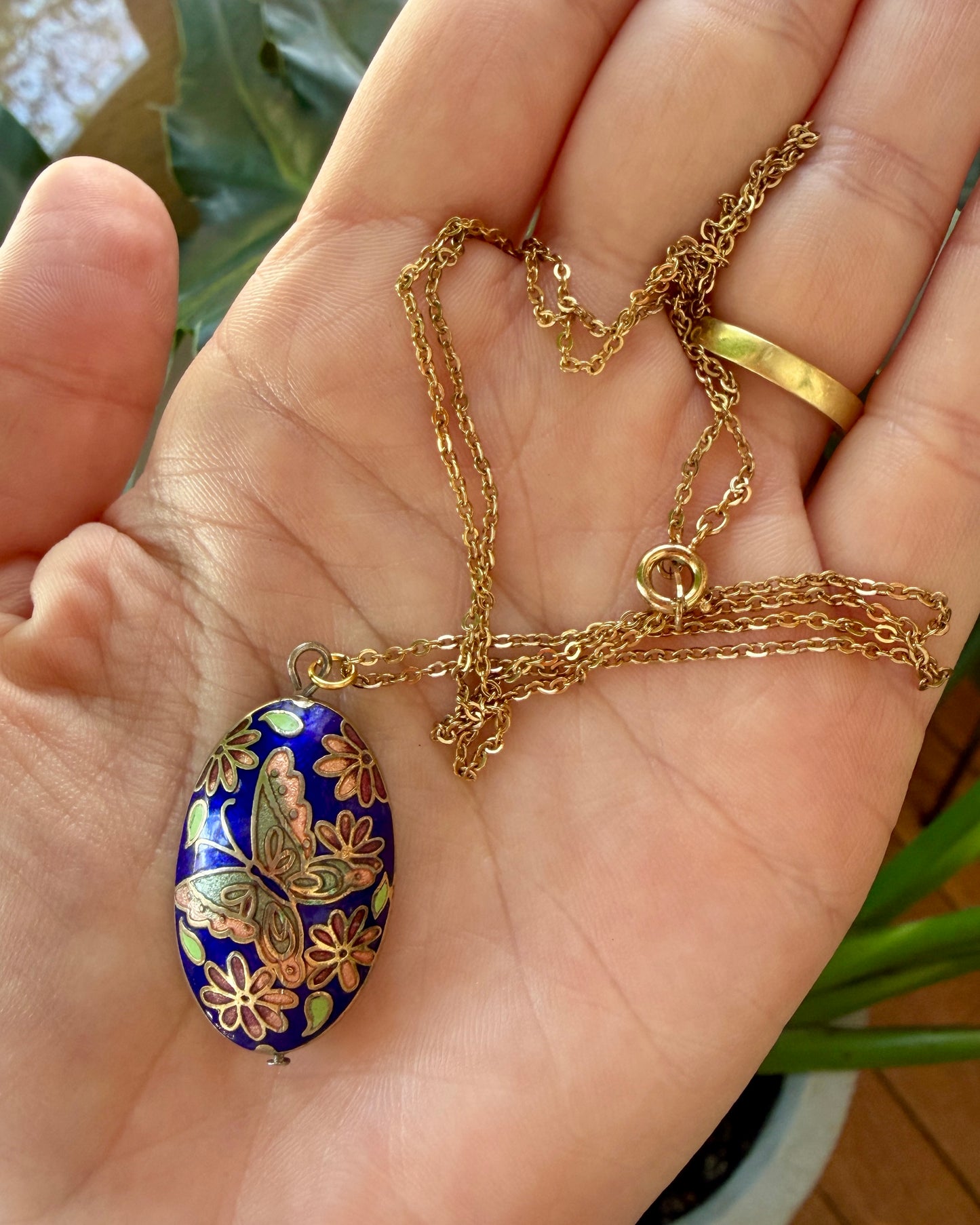 Vintage Butterfly Cloisonné Pendant Necklace