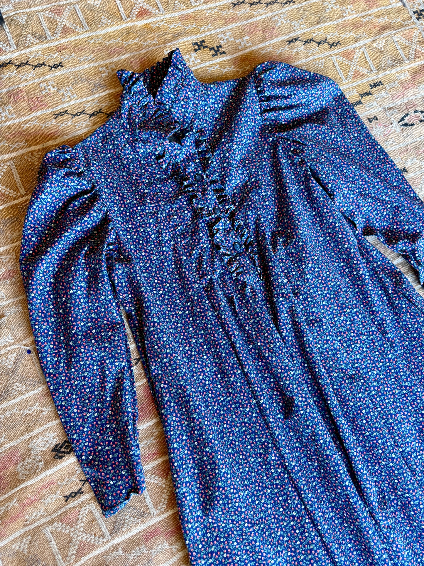 1970's does Victorian Strawberry Ruffle Neck Dress