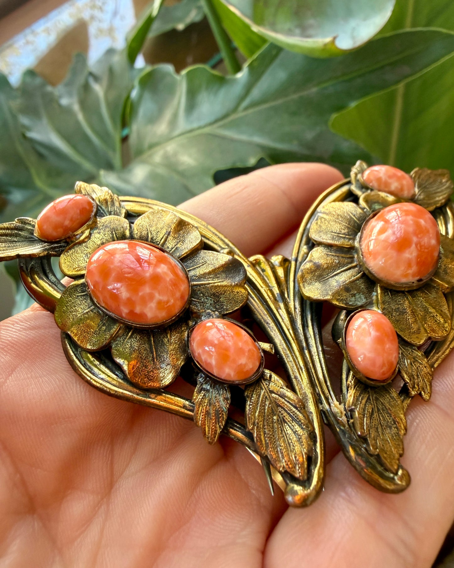 Antique Art Nouveau Coral Butterfly Sash Pin