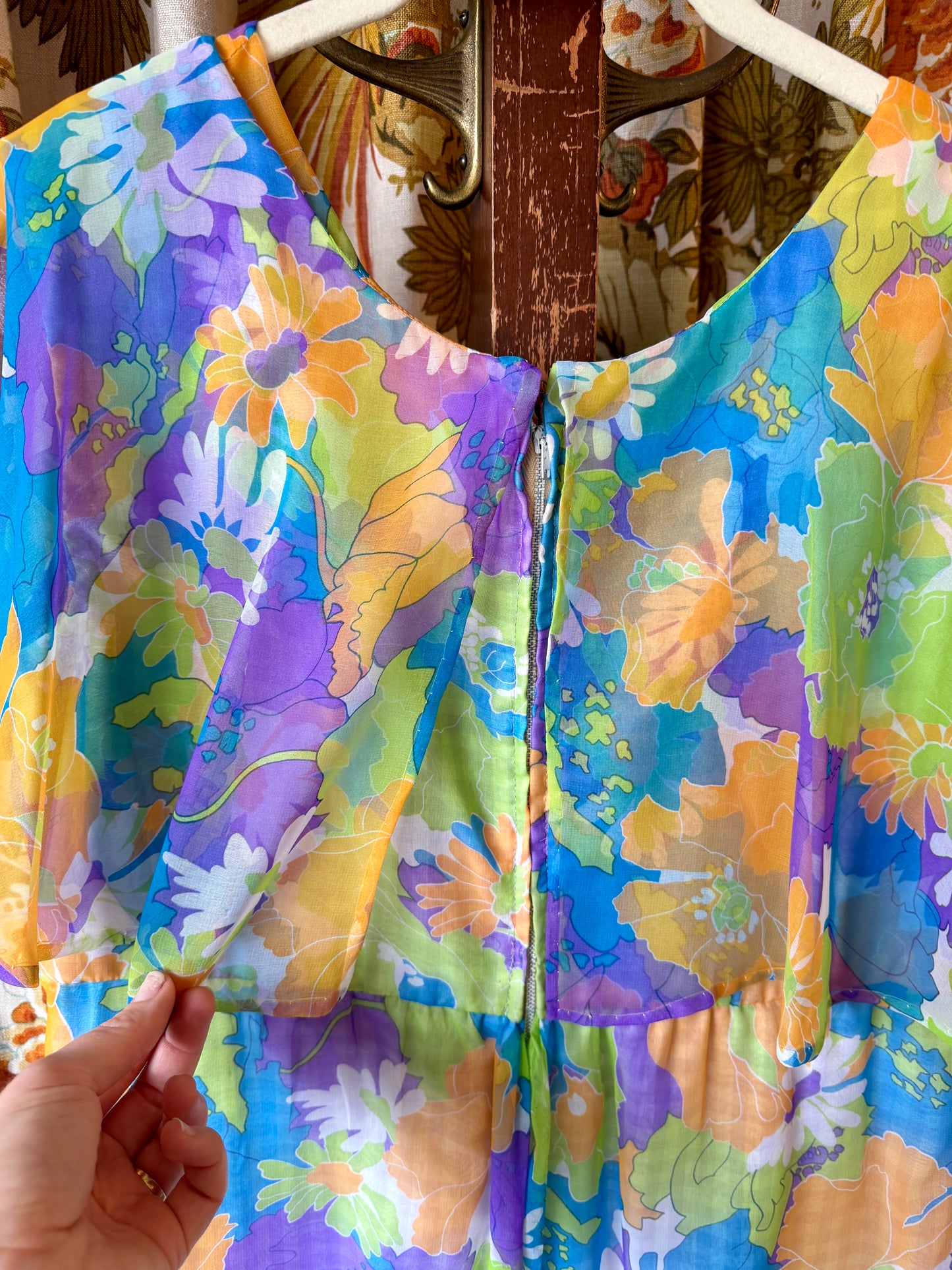 1970's Neon Floral Cape Top Chiffon Dress