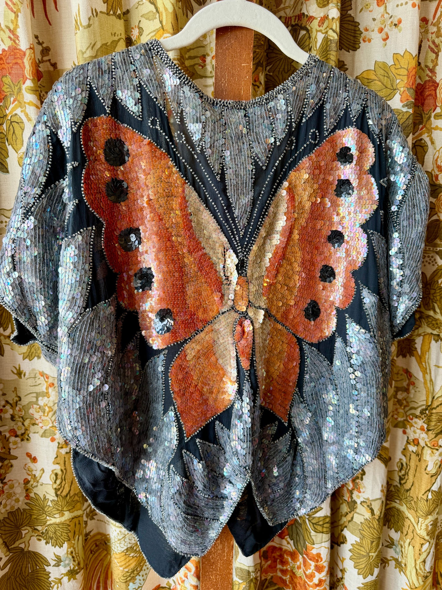 Vintage Sequin Silk Butterfly Blouse AS IS