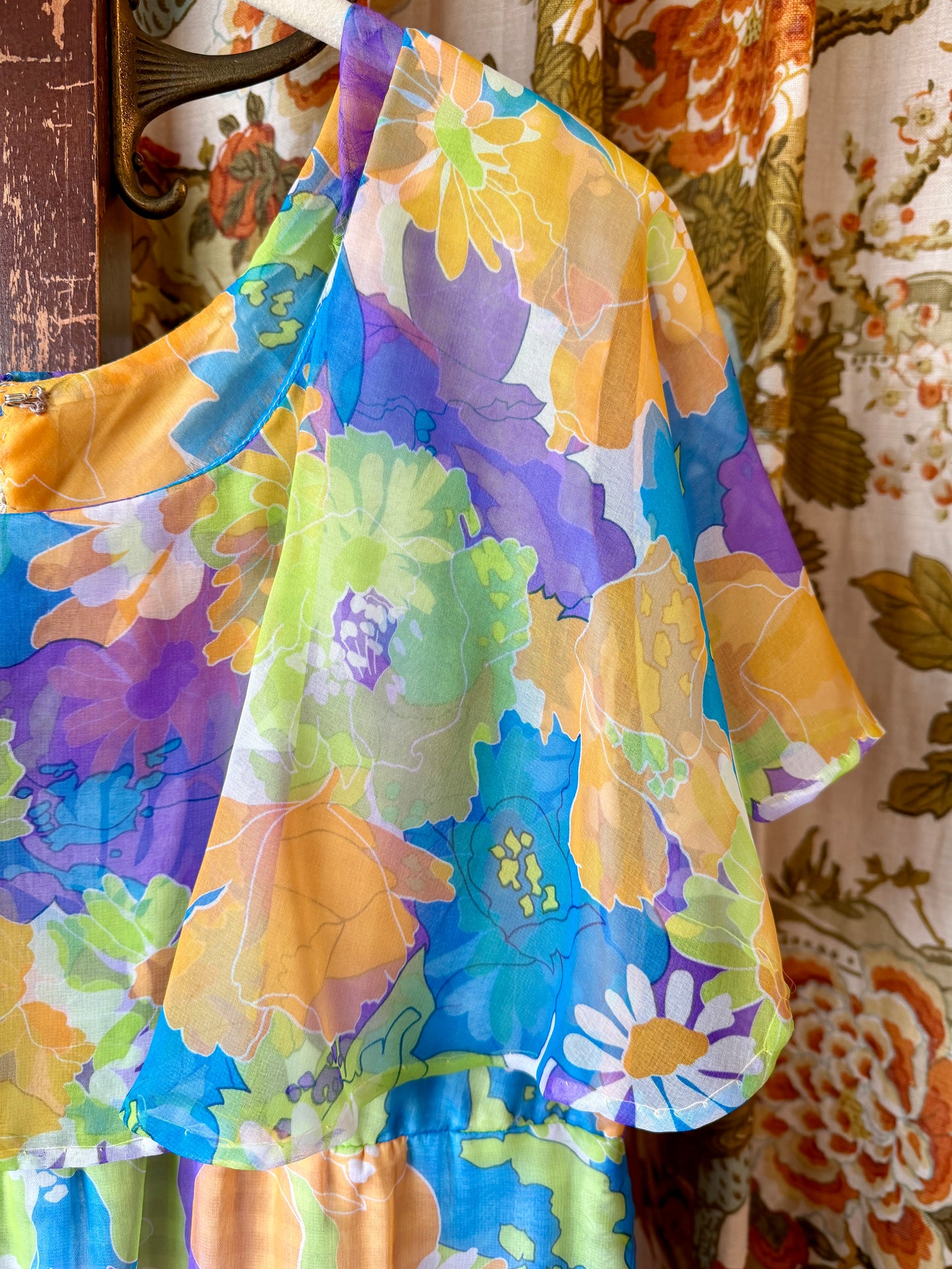 1970's Neon Floral Cape Top Chiffon Dress