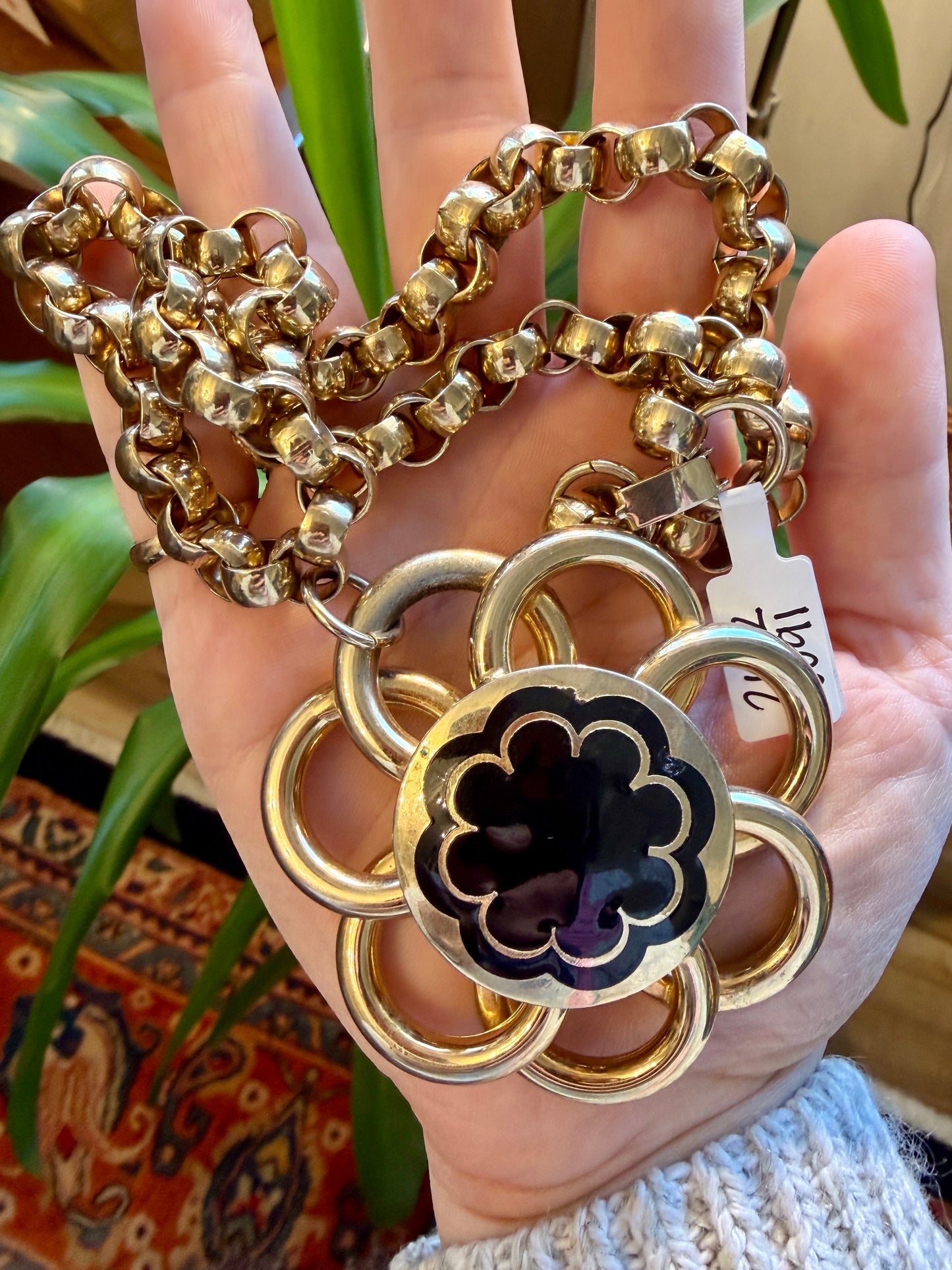 Chunky Gold Tone & Black Enamel Flower Necklace