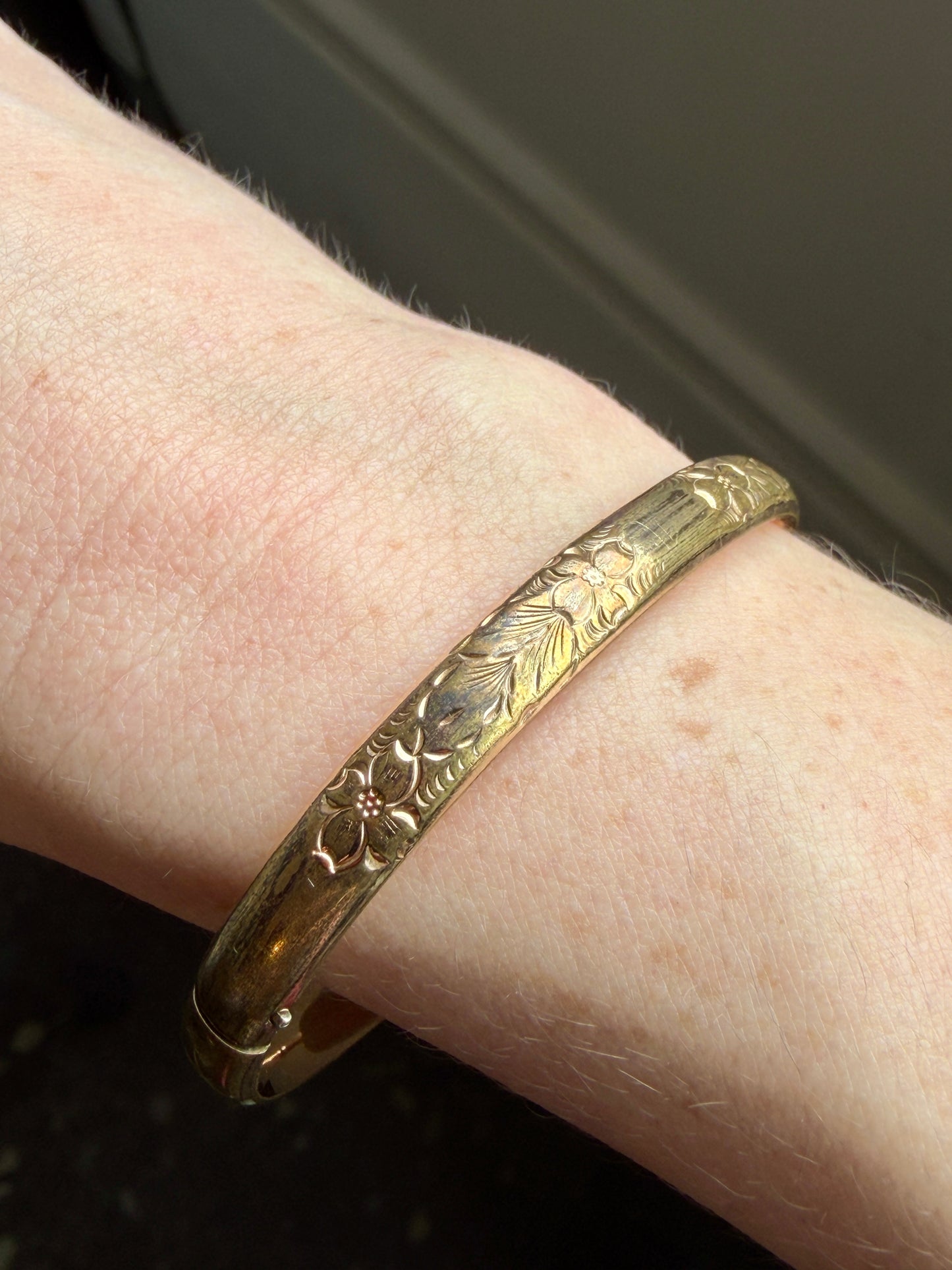 Antique Thin Gold-Filled Dogwood Etched Bangle