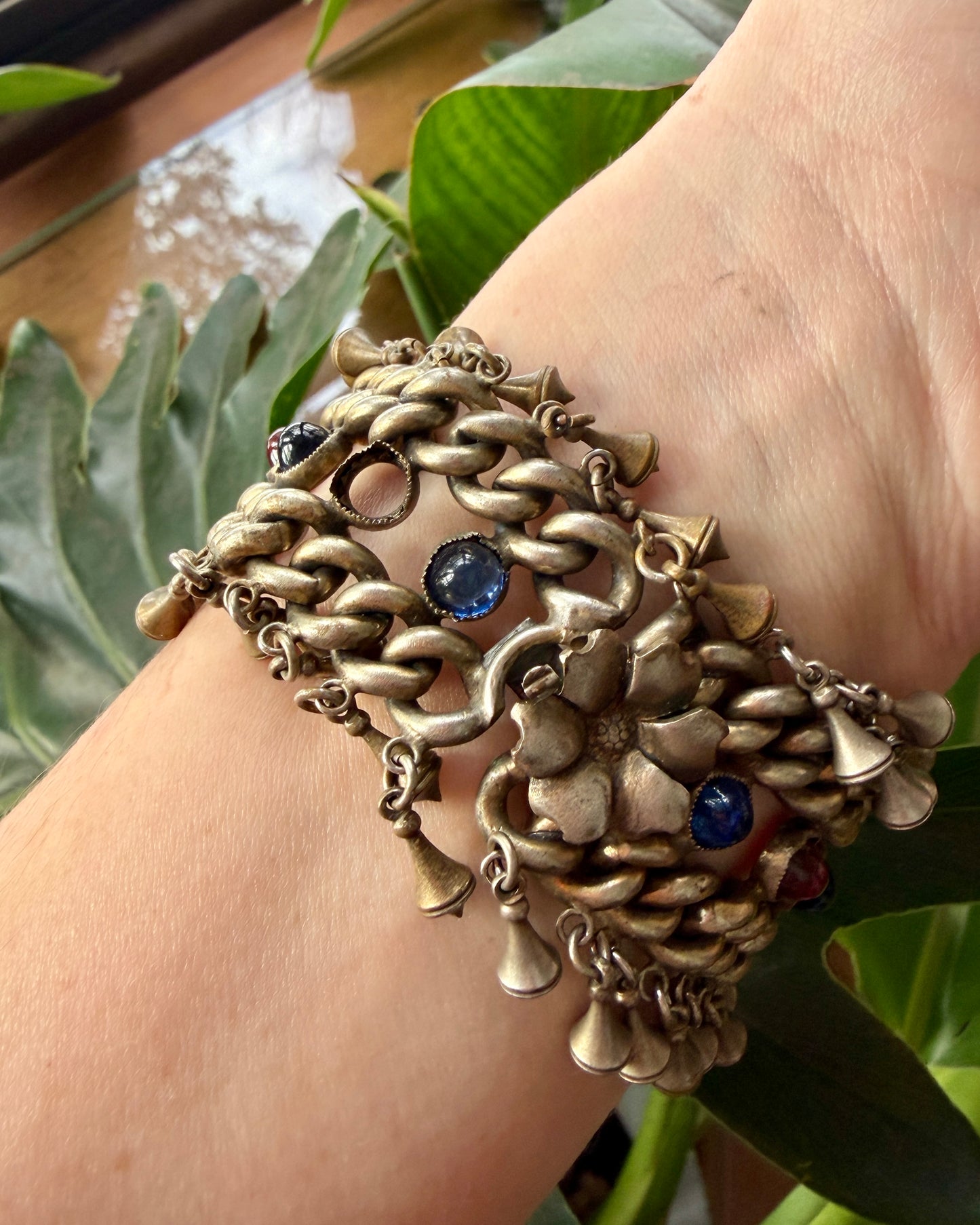 Vintage Red & Blue Glass Cabochon Silver Bracelet