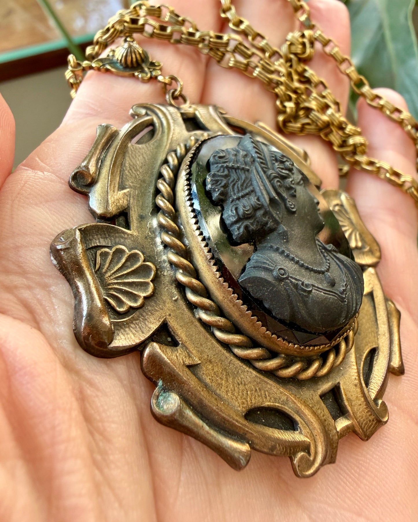 Vintage Victorian Revival Black Glass Cameo Necklace