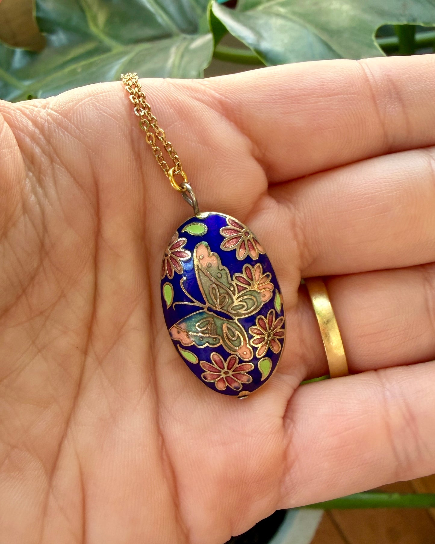 Vintage Butterfly Cloisonné Pendant Necklace