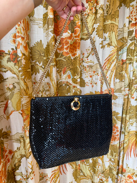 1980's Black Metal Mesh Gold Chain Strap Bag | Whiting & Davis